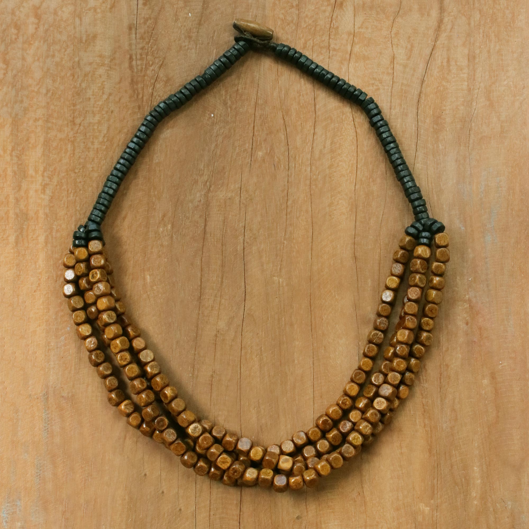 Black and Brown Cube Boxwood Beaded Torsade Necklace - Brown Squared