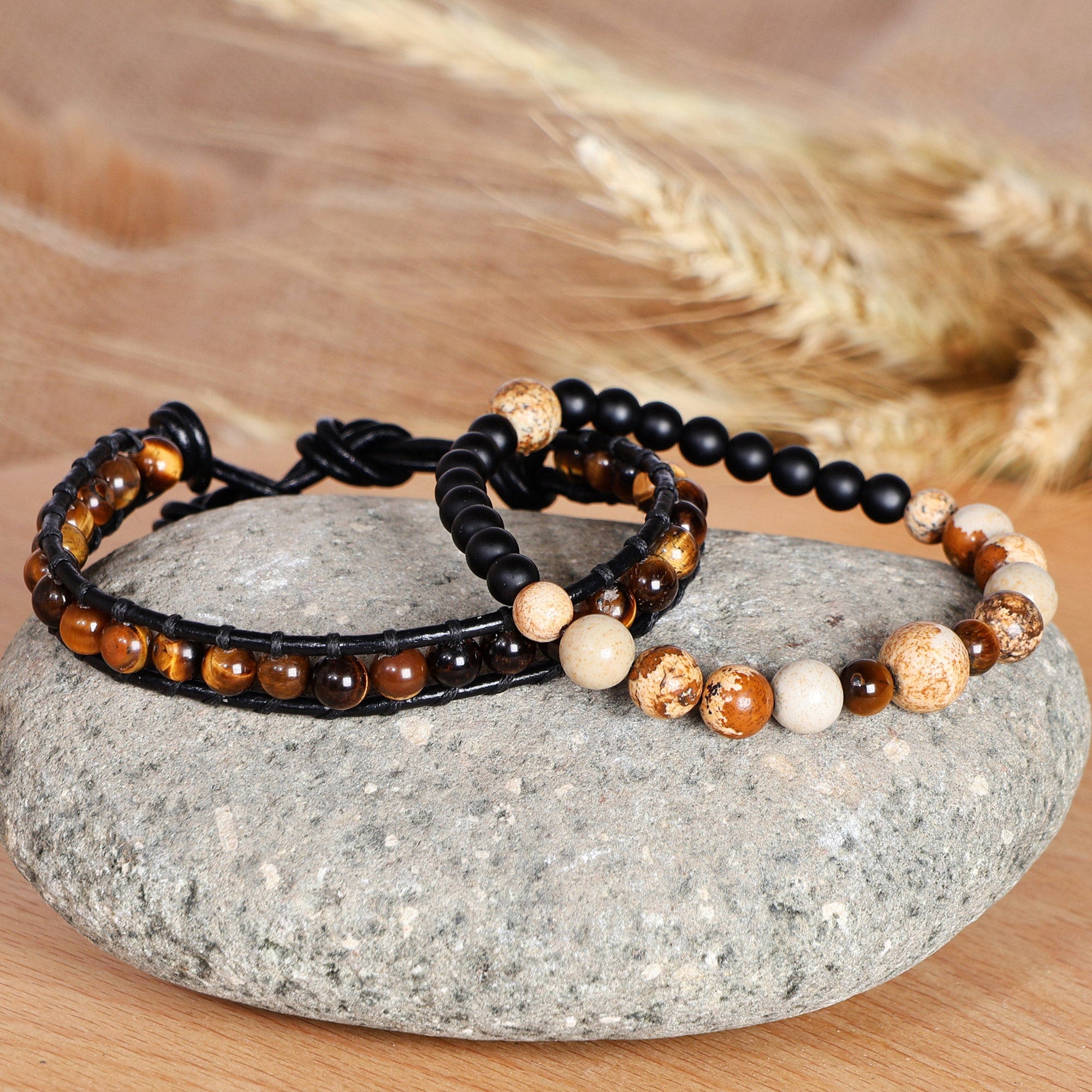 2 Men's Multi-Gemstone Beaded Stretch Leather Cord Bracelets - Alluring Flair