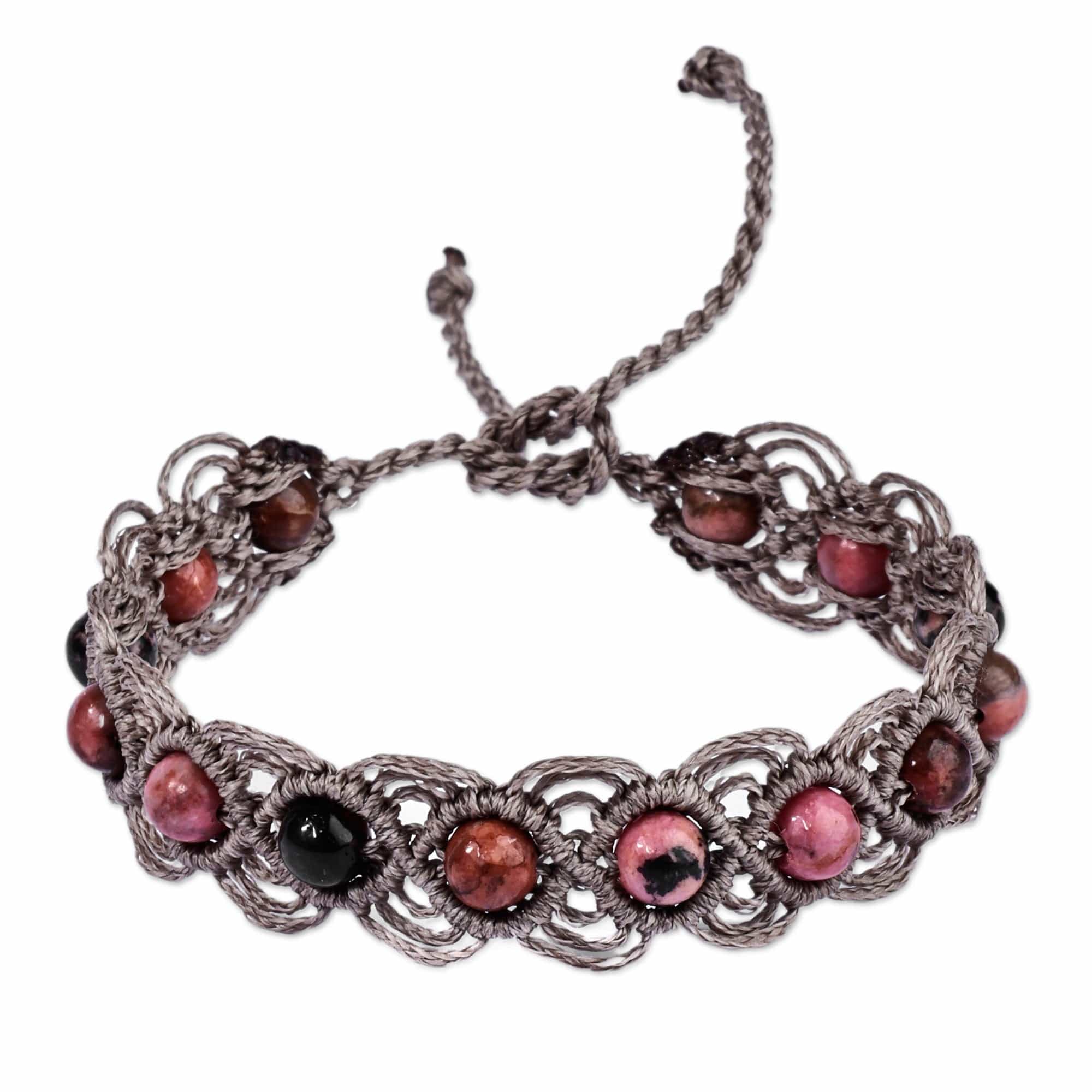 Rhodonite Beaded Macrame Bracelet Handmade in Armenia - Graceful Orbs