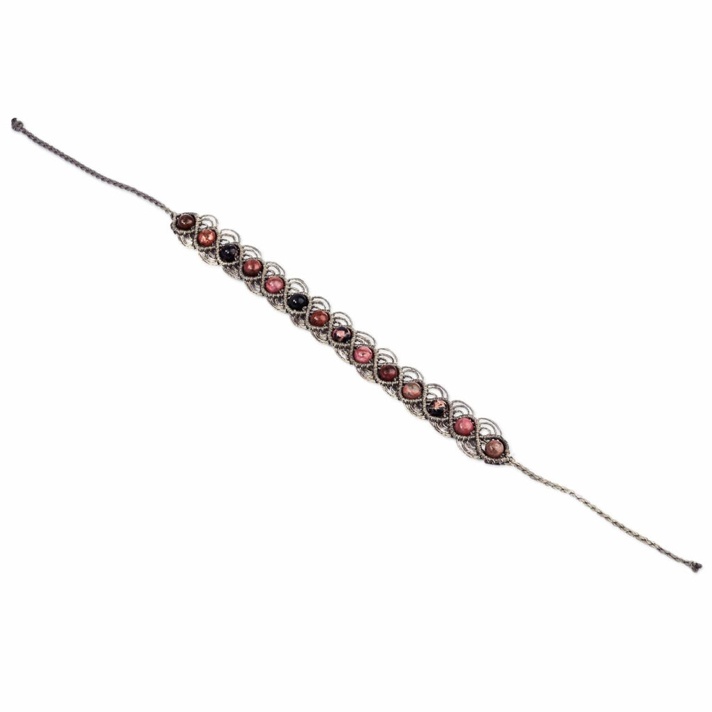 Rhodonite Beaded Macrame Bracelet Handmade in Armenia - Graceful Orbs