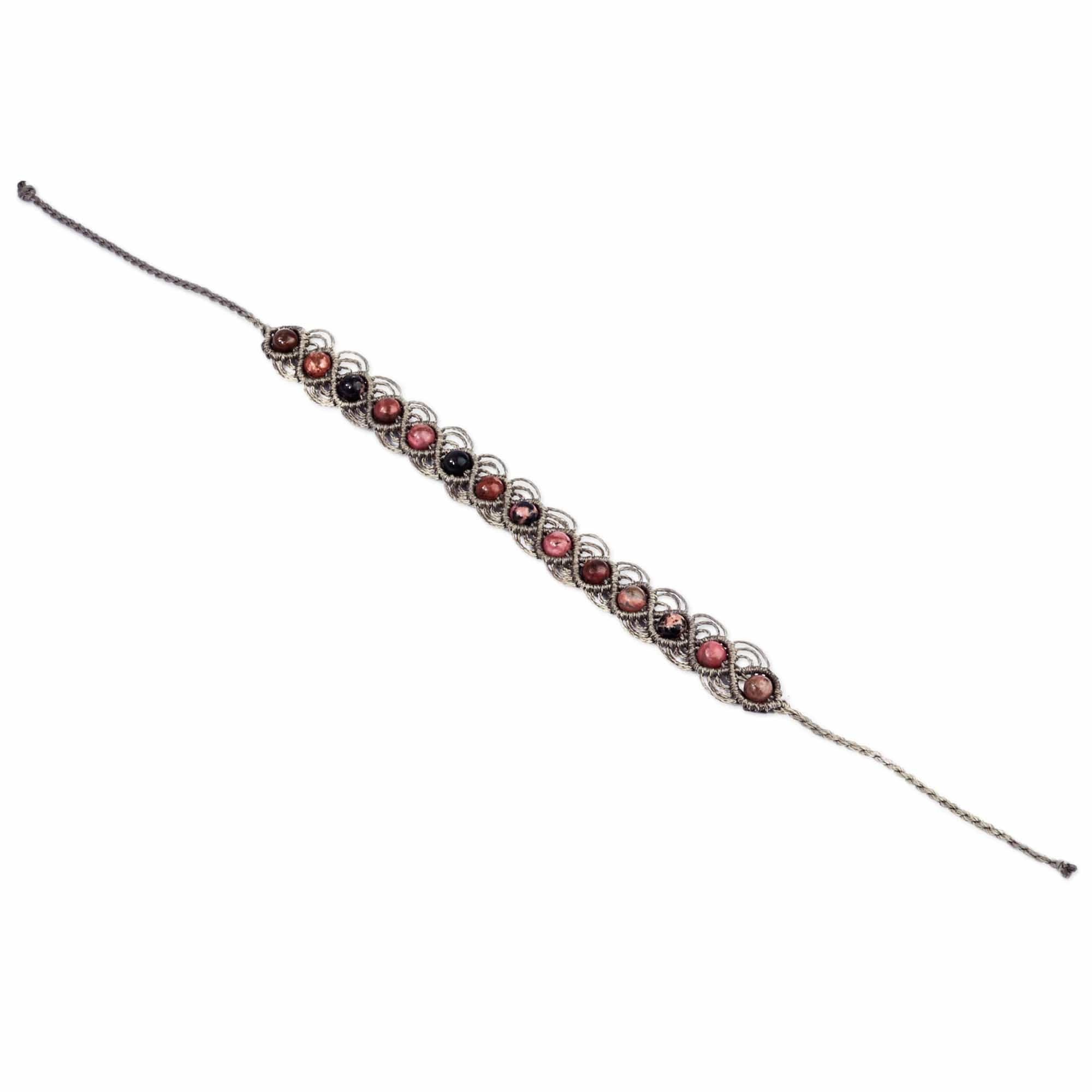 Rhodonite Beaded Macrame Bracelet Handmade in Armenia - Graceful Orbs