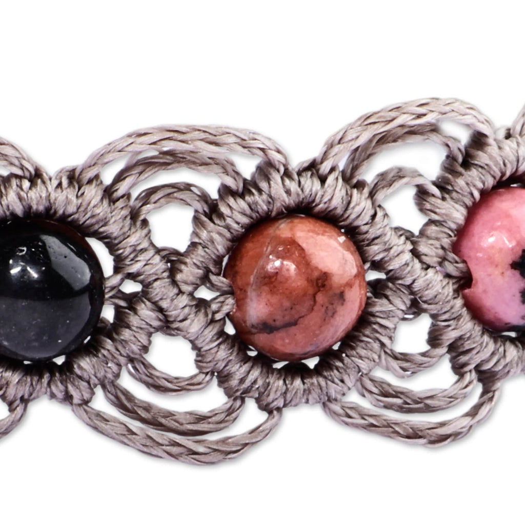 Rhodonite Beaded Macrame Bracelet Handmade in Armenia - Graceful Orbs
