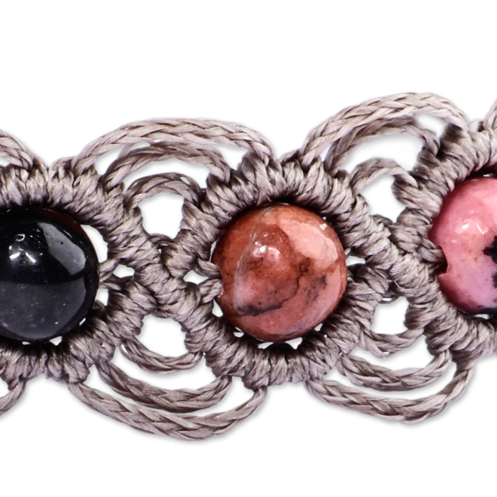 Rhodonite Beaded Macrame Bracelet Handmade in Armenia - Graceful Orbs