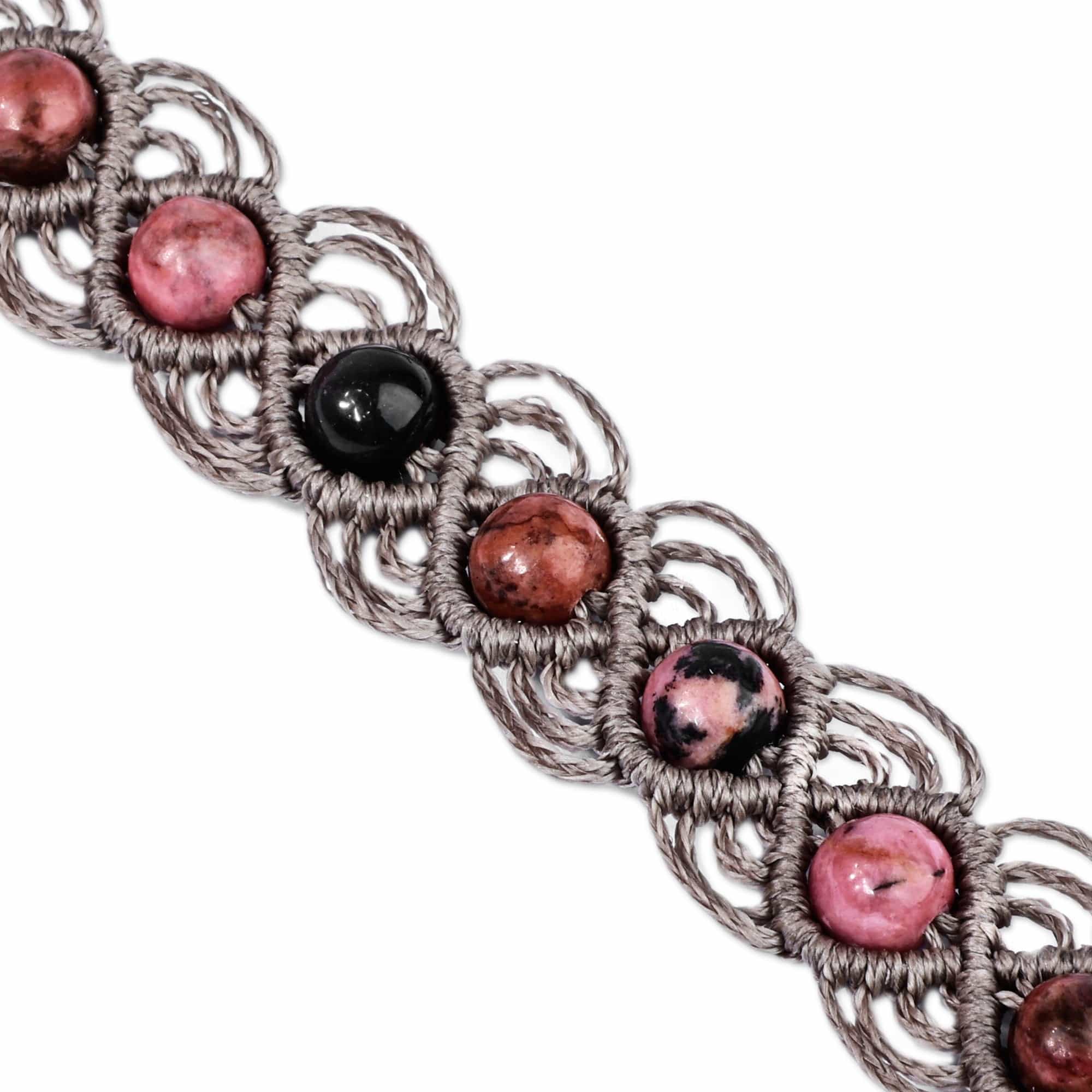 Rhodonite Beaded Macrame Bracelet Handmade in Armenia - Graceful Orbs