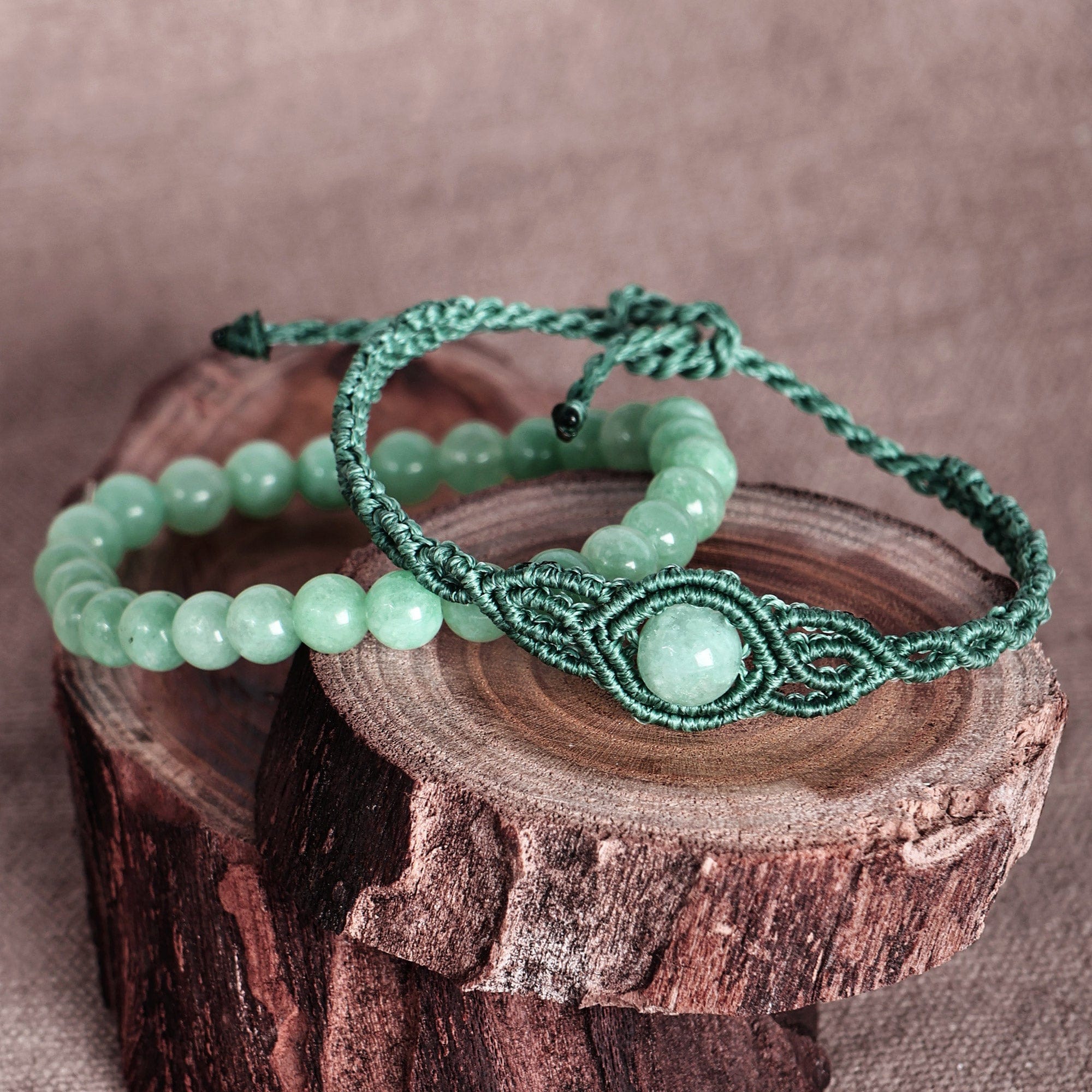 2 Jade Macrame Pendant and Beaded Stretch Bracelets in Aqua - Colorful Duo