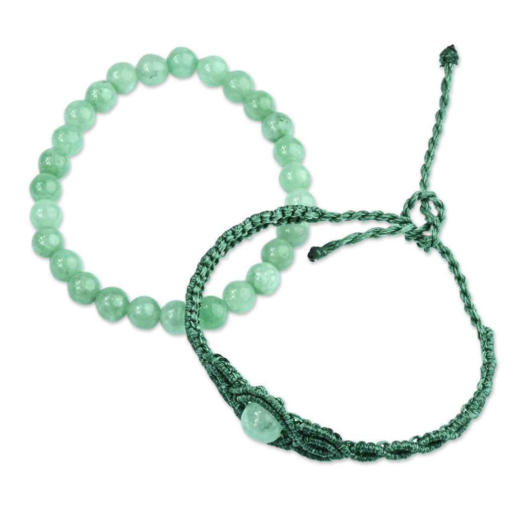 2 Jade Macrame Pendant and Beaded Stretch Bracelets in Aqua - Colorful Duo