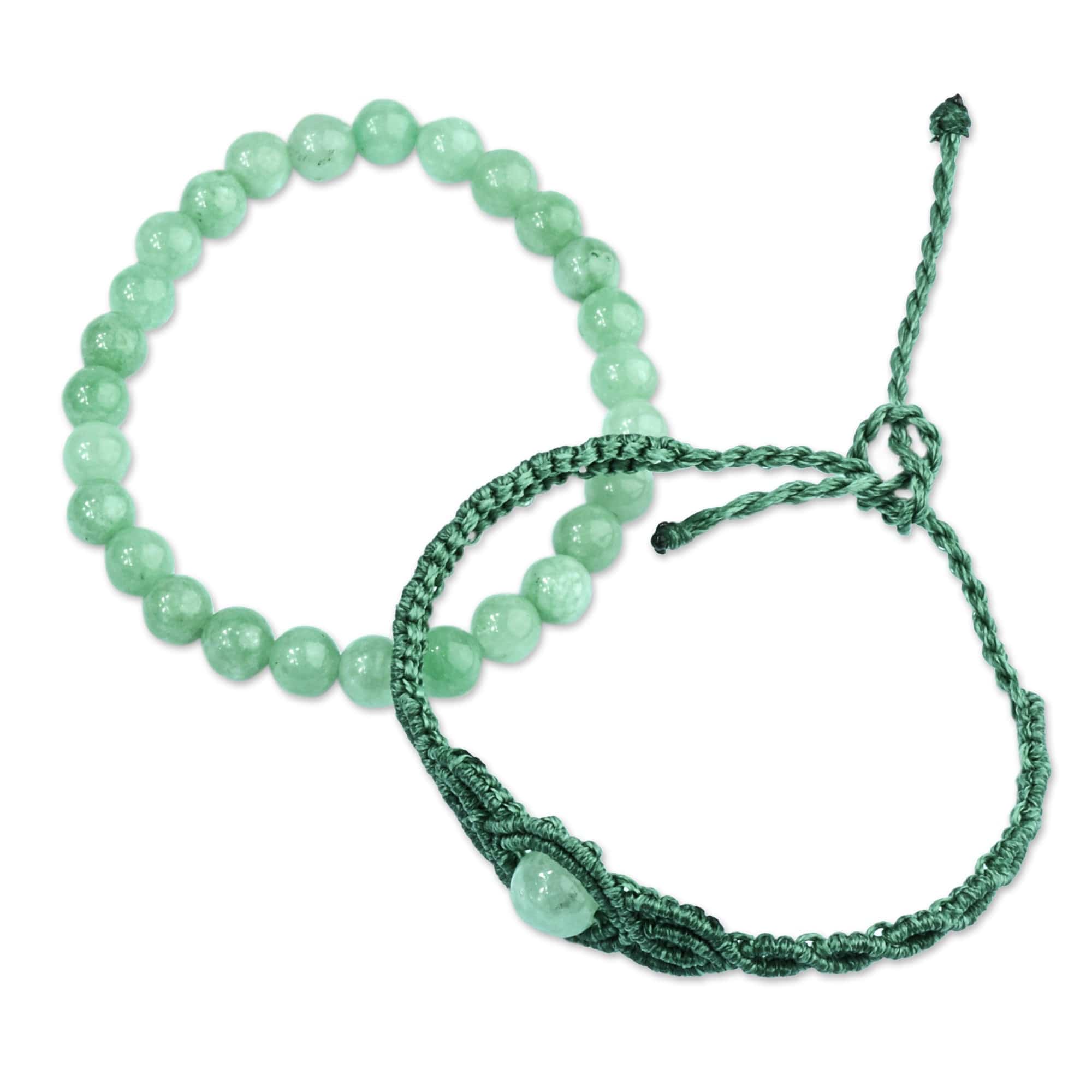 2 Jade Macrame Pendant and Beaded Stretch Bracelets in Aqua - Colorful Duo