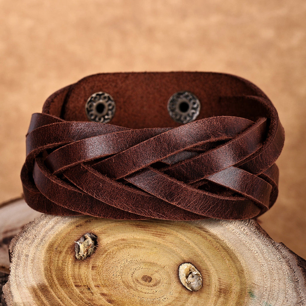 Leather Wristband Bracelet with Braided Strands in Brown - Braided Radiance