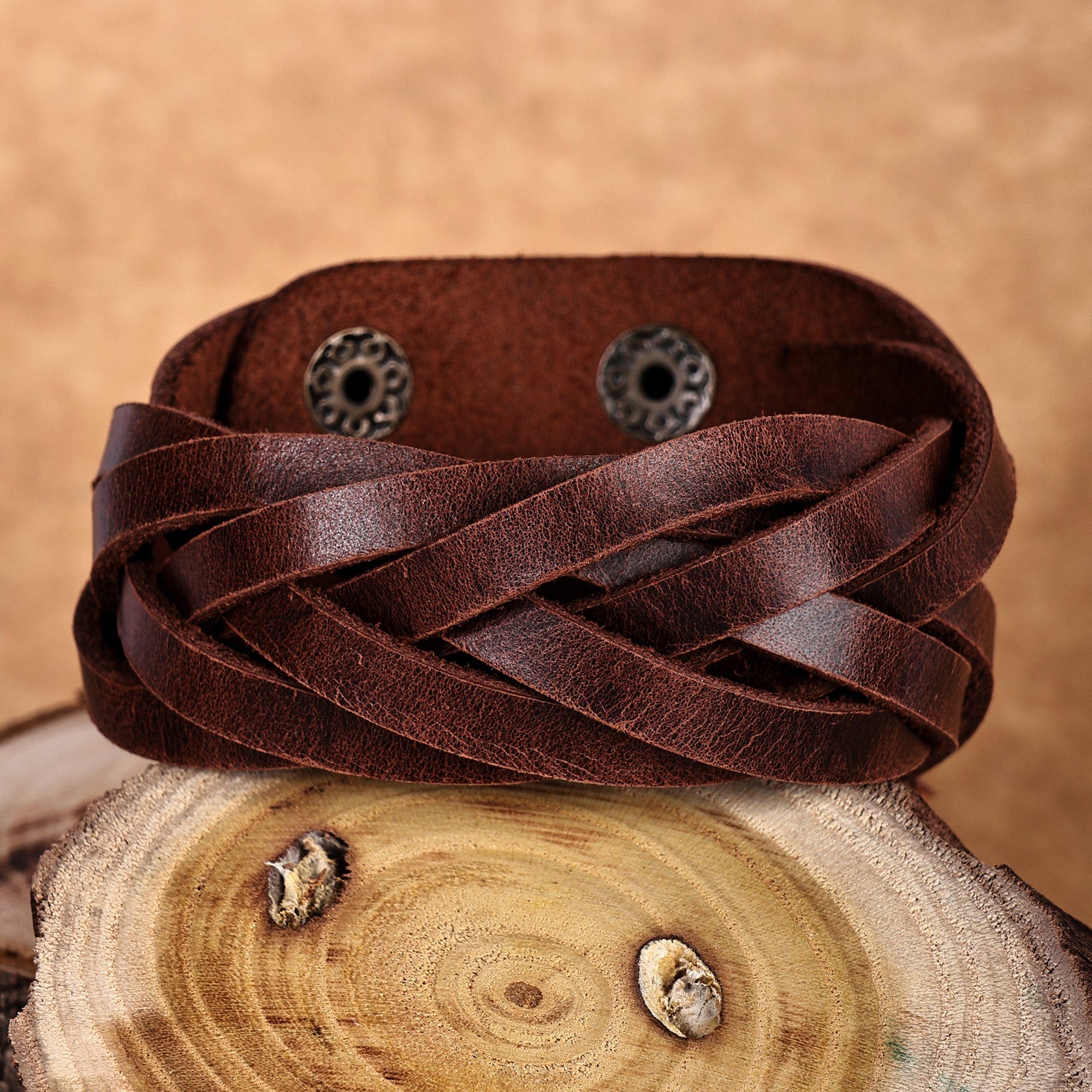 Leather Wristband Bracelet with Braided Strands in Brown - Braided Radiance