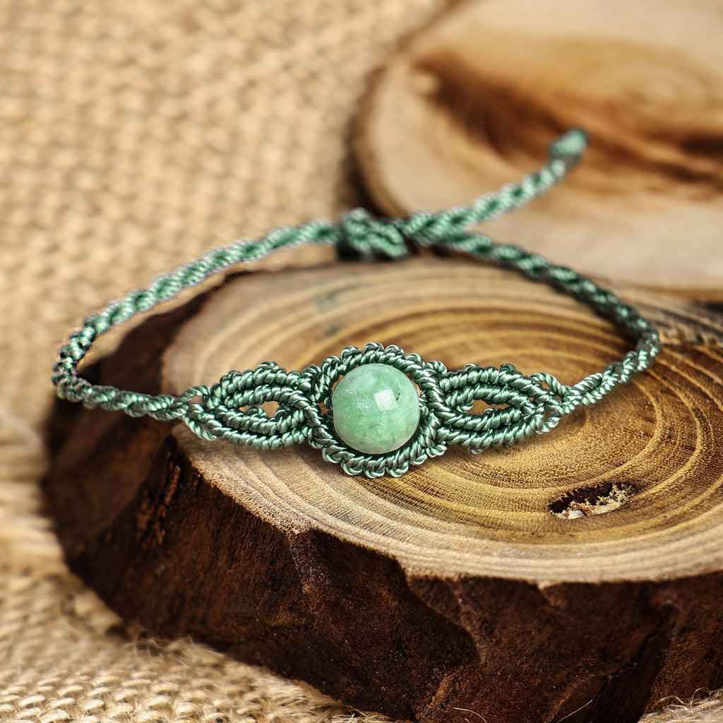 Handmade Turquoise Cotton and Jade Macrame Pendant Bracelet - Goddess of Vitality