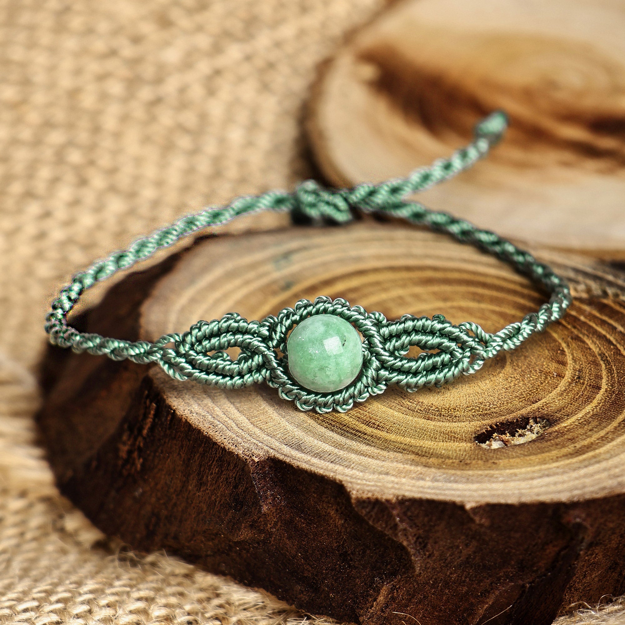 Handmade Turquoise Cotton and Jade Macrame Pendant Bracelet - Goddess of Vitality
