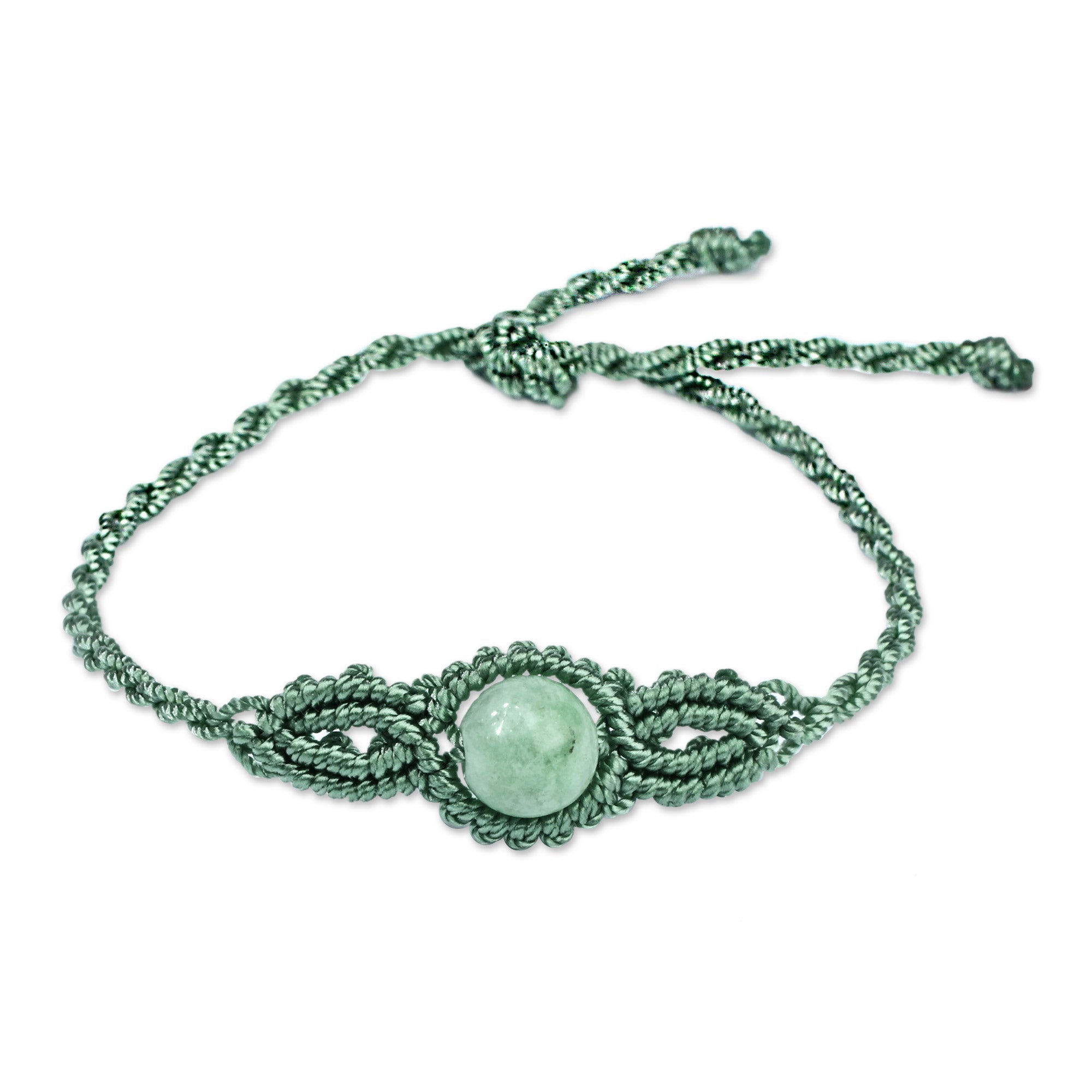 Handmade Turquoise Cotton and Jade Macrame Pendant Bracelet - Goddess of Vitality
