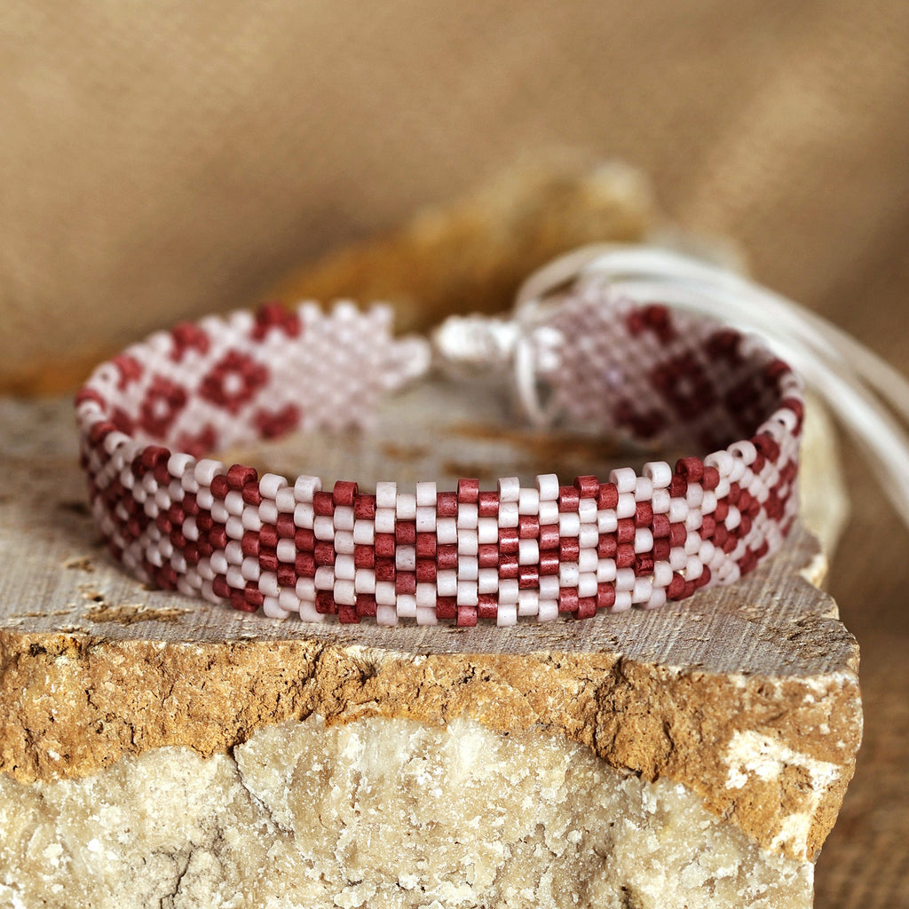 Artisan Handmade Floral Red Glass Beaded Wristband Bracelet - Romantic Bouquet