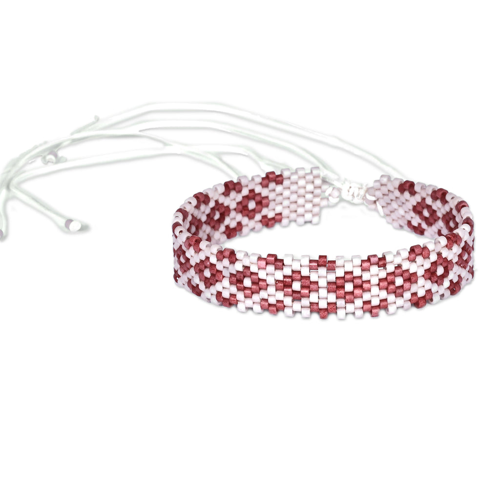 Artisan Handmade Floral Red Glass Beaded Wristband Bracelet - Romantic Bouquet